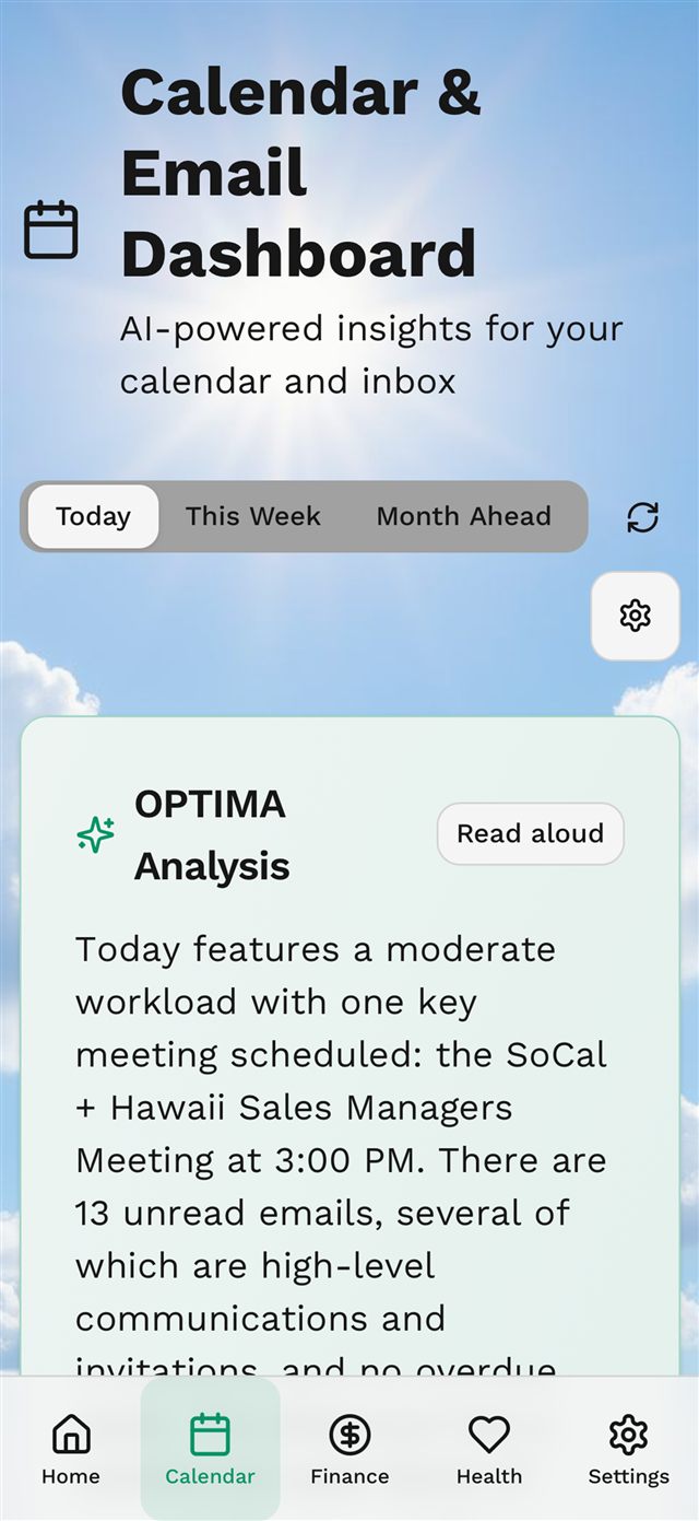 Optima calendar and email screen