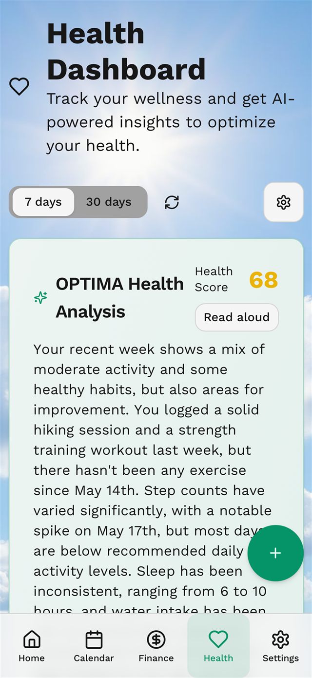 Optima health dashboard screen showing health score and AI analysis