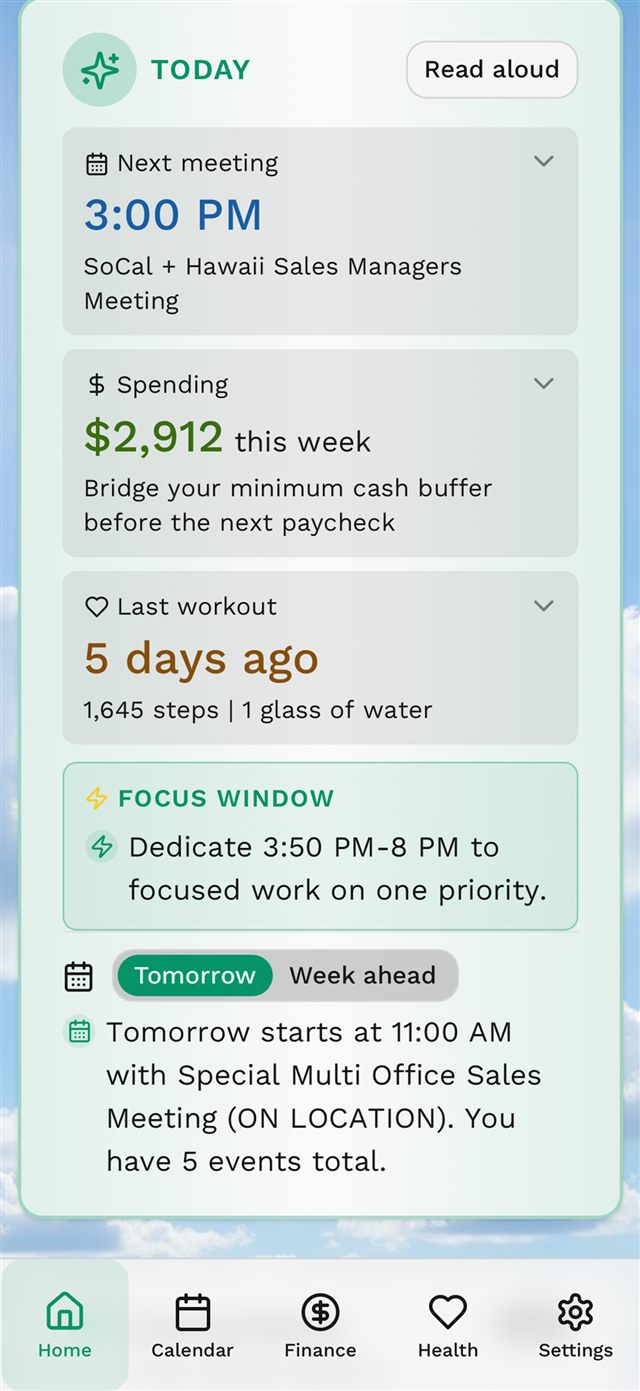 Optima Today screen showing next meeting, weekly spending, and last workout